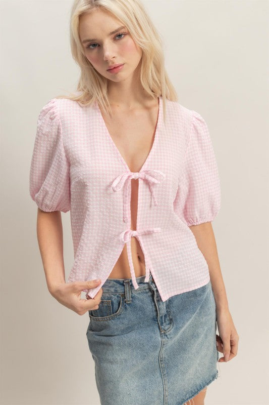 Gingham Bow Tie Puff Sleeve Blouse