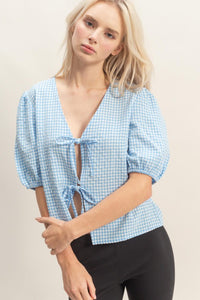 Gingham Bow Tie Puff Sleeve Blouse