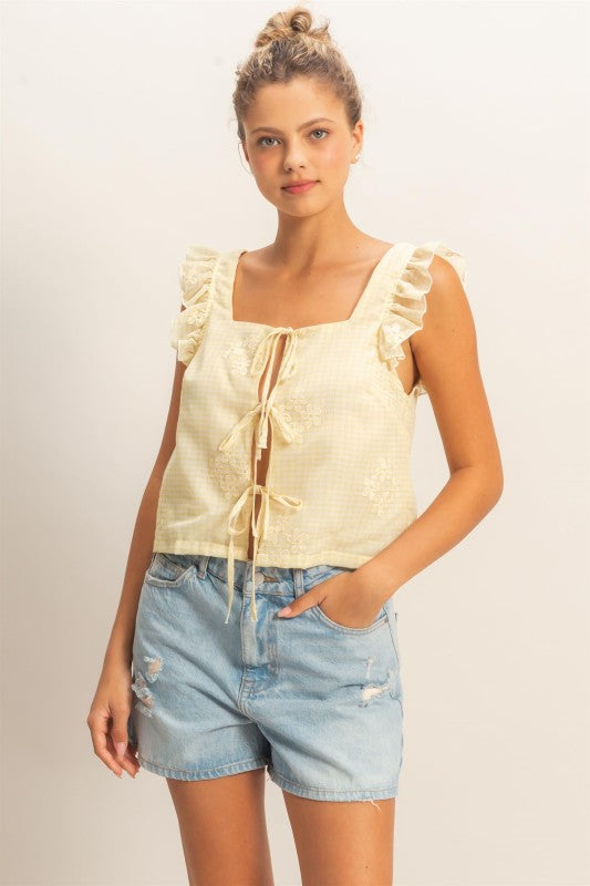 Embroidered Gingham Tie Front Top
