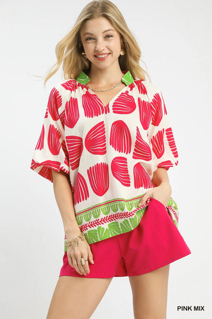 Shell Block Border Print V-Neck Blouse
