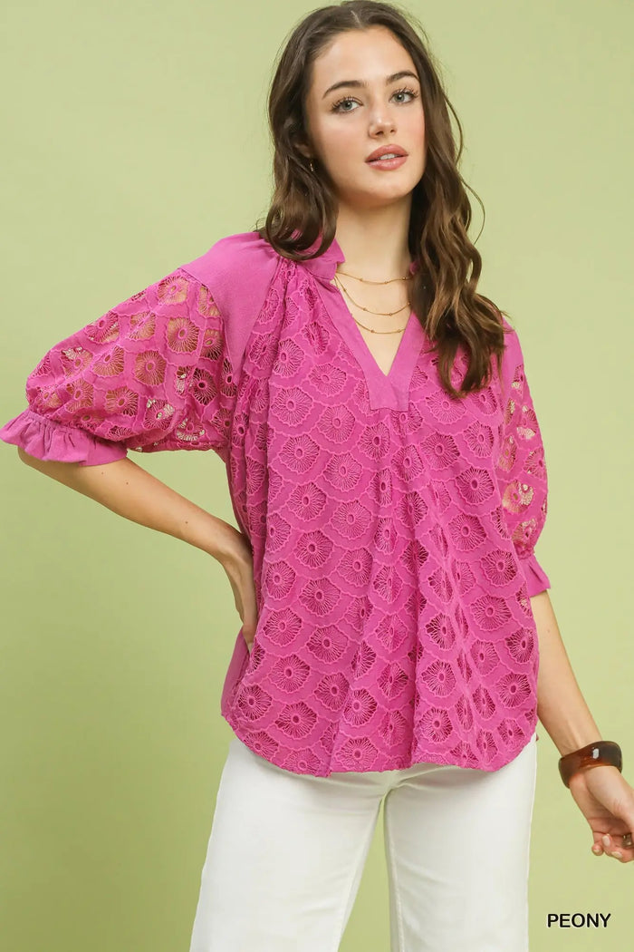Linen V-Neck Lace Puff Sleeve Top