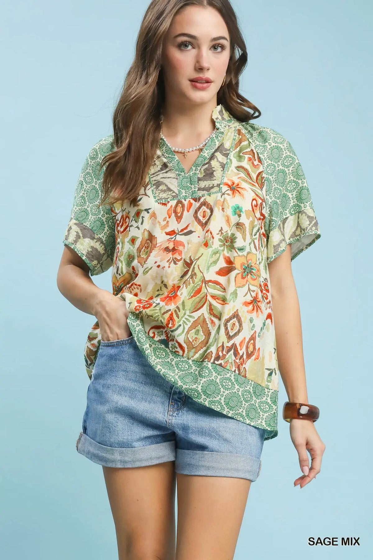 Mixed Print V-Neck Short Sleeve Top