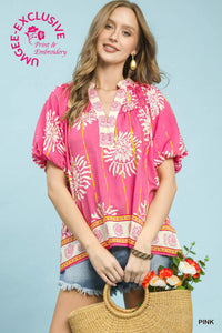 Floral Border Smocked V-Neck Boho Blouse