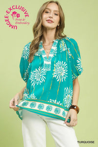 Floral Border Smocked V-Neck Boho Blouse