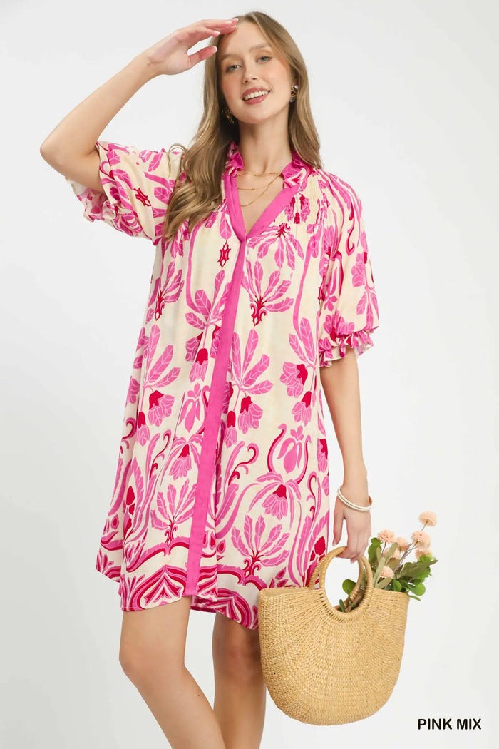 Boho Smocked Neck Contrast Trim Shift Dress