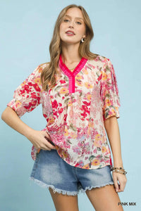 Floral Contrast Pleat Neck Top