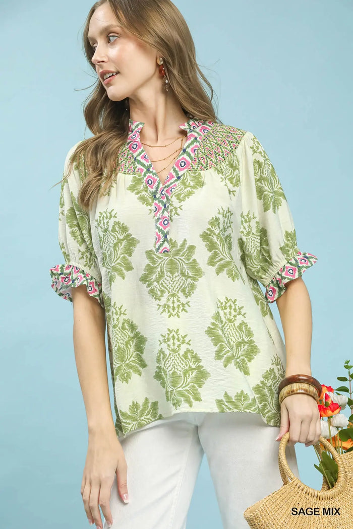 Mix Boho Puff Sleeve Smocked Top