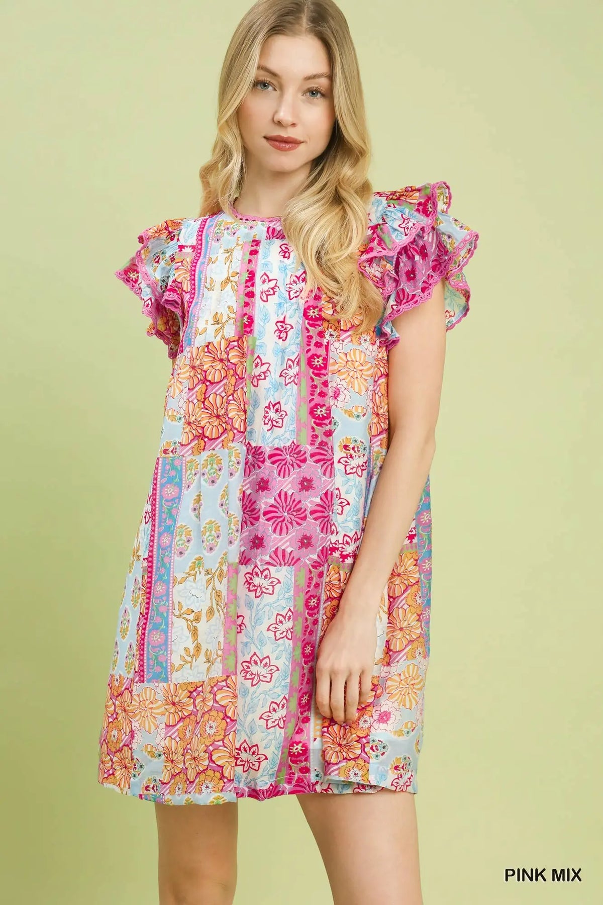 Mix Patchwork Flutter Sleeve Mini Dress