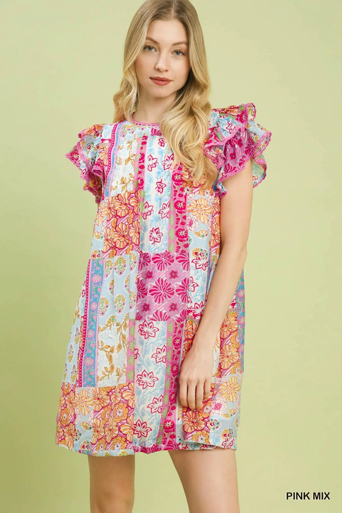 Mix Patchwork Flutter Sleeve Mini Dress