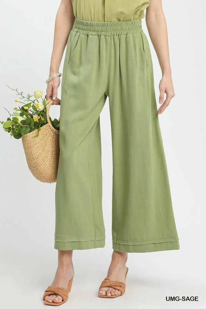 Linen Elastic Waist Wide Leg Pants
