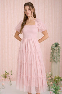 Polka Dot Tulle Puff Sleeve Smocked Tiered