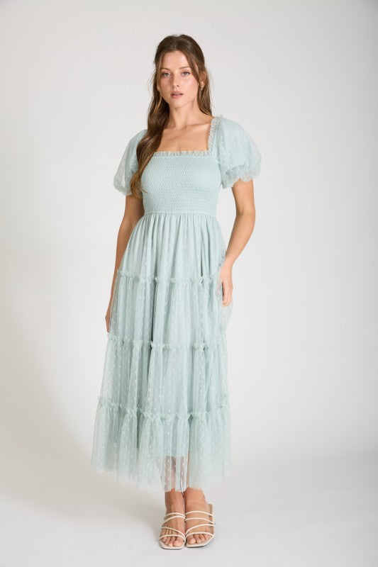 Polka Dot Tulle Puff Sleeve Smocked Tiered