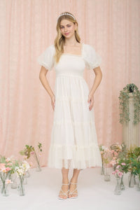 Polka Dot Tulle Puff Sleeve Smocked Tiered