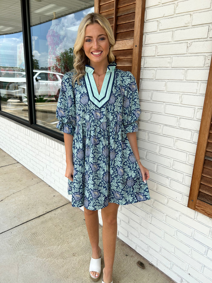 Floral pattern puff sleeve navy