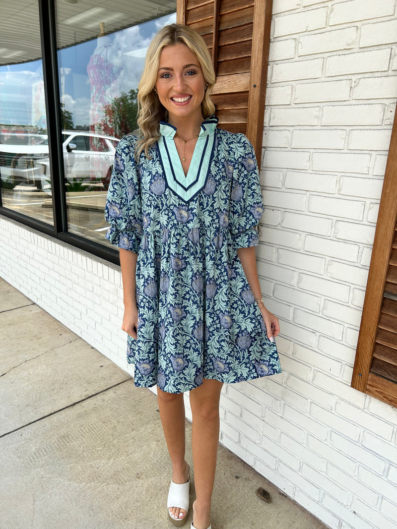 Floral pattern puff sleeve navy