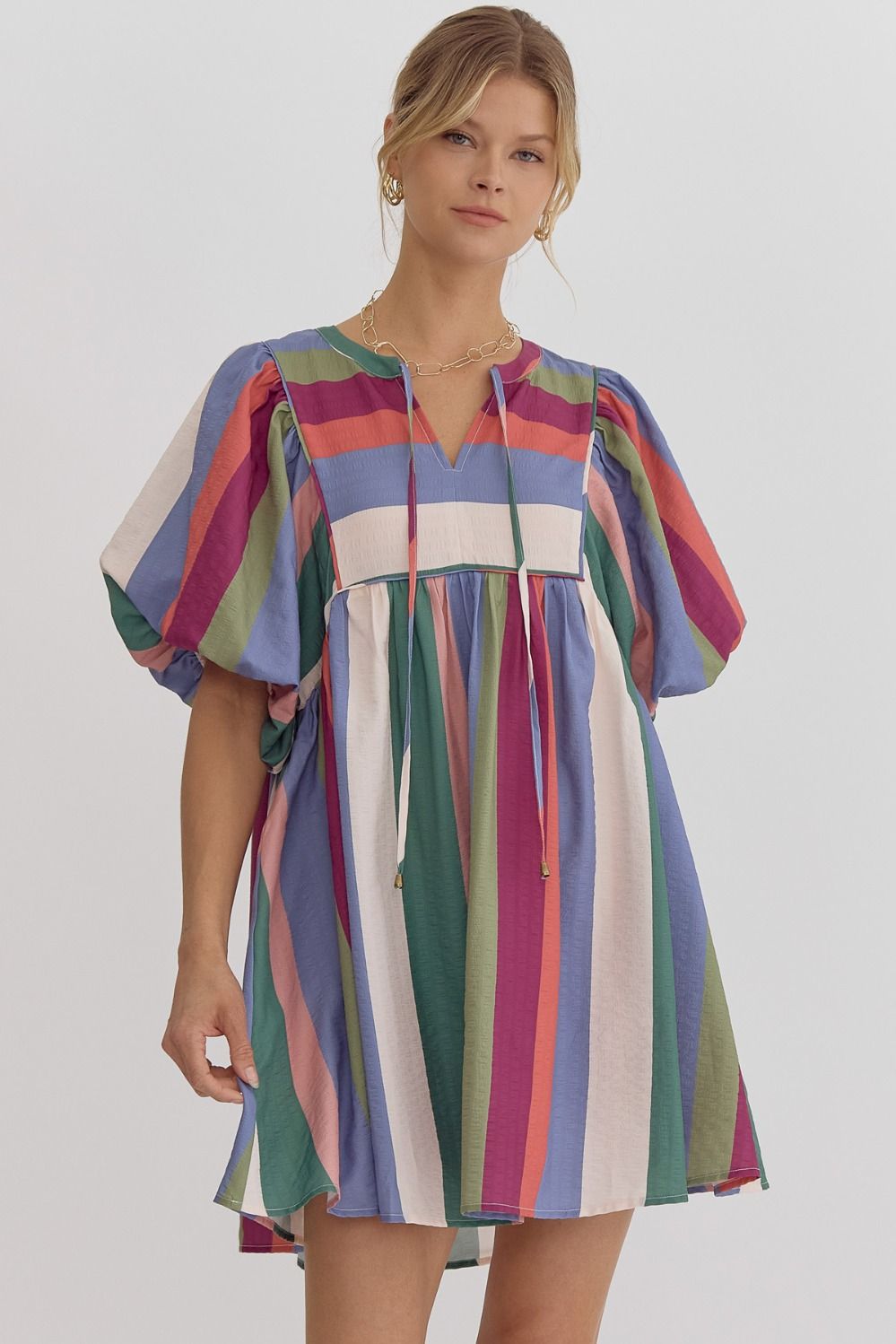 Multicolor striped bubble sleeve babydoll dress