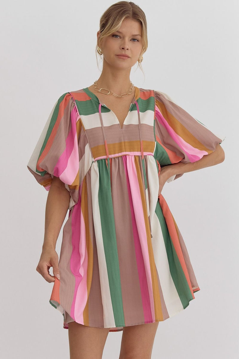 Multicolor striped bubble sleeve babydoll dress