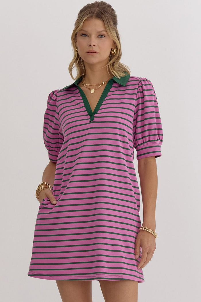 Stripe print v-neck puff sleeve collared mini dress