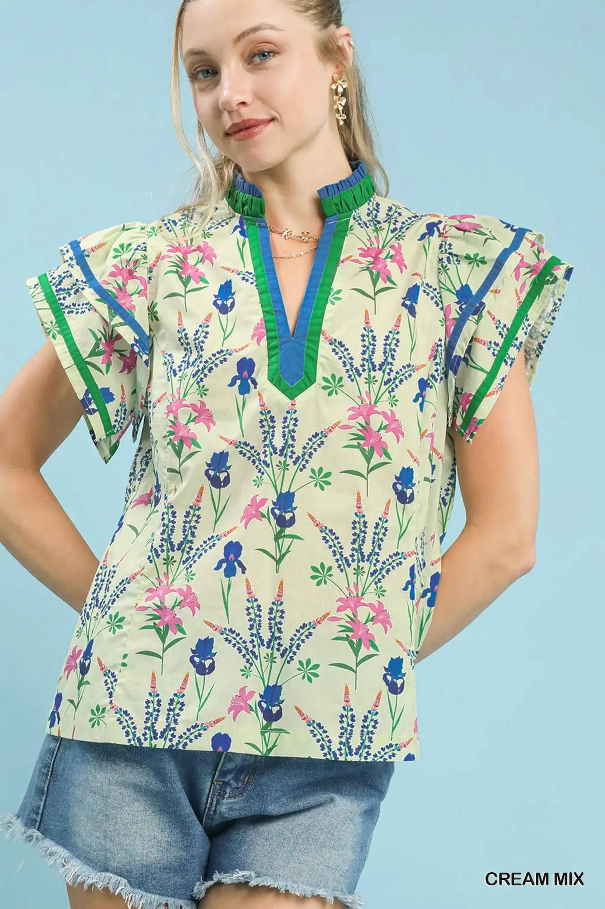 Mix Floral Print Blouse with Contrast Trim