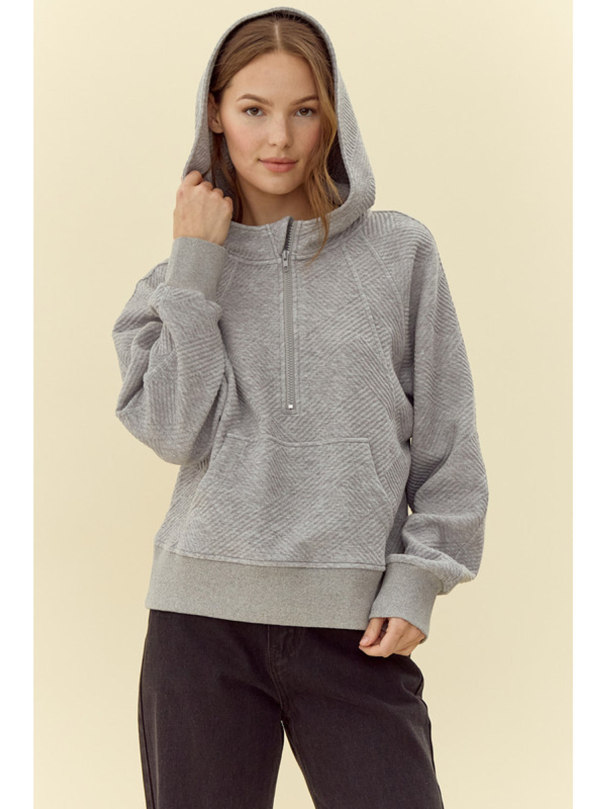 Textured half Zip-up top with hoodie,