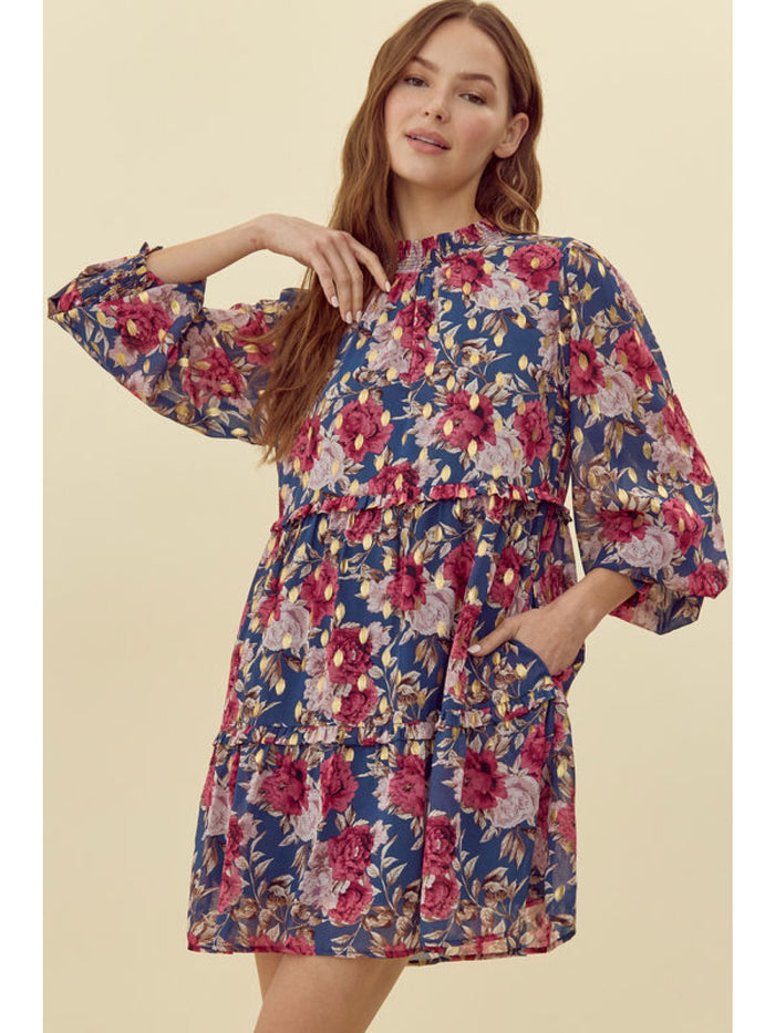 Floral print chiffon dress with smocked neck