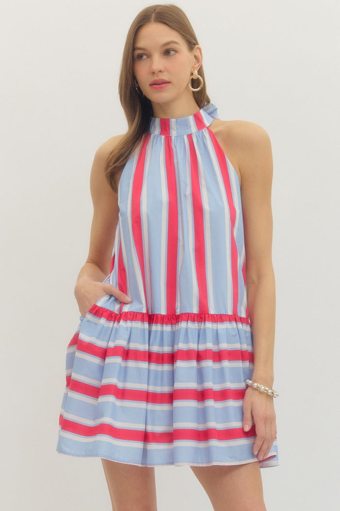 Striped sleeveless mini dress featuring back neck tie.