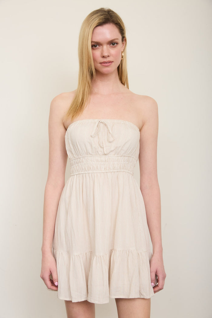 Stripe Strapless Front Tie Detail Mini Dress