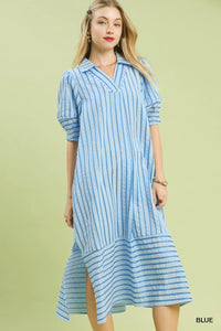 Striped Puff Sleeve Midi Dress