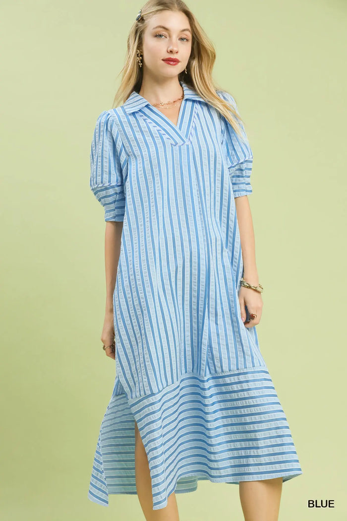 Striped Puff Sleeve Midi Dress