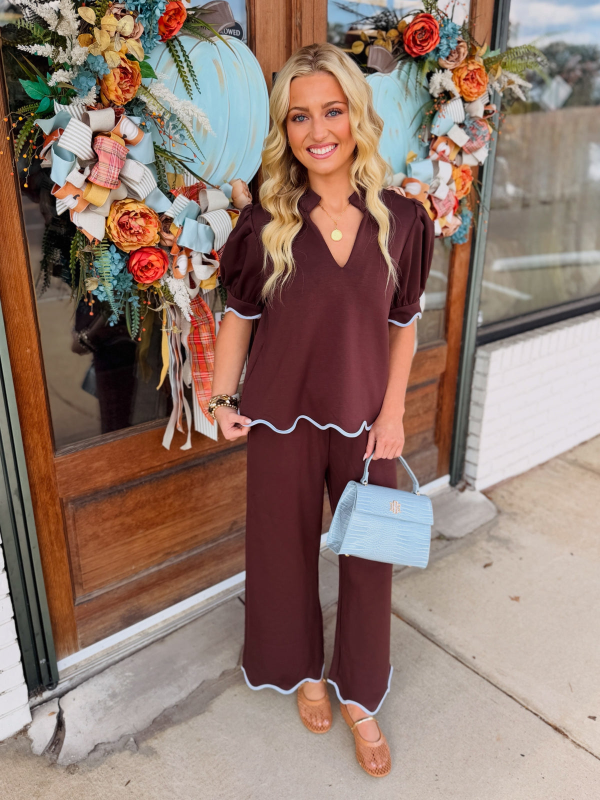 Solid short puff sleeve Pants Set w/ scallop accent trim