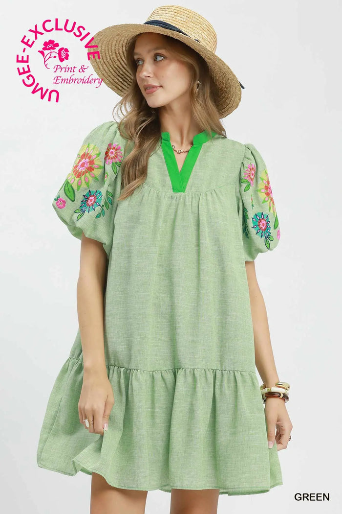 Embroidered Puff Sleeve Tiered Mini Dress