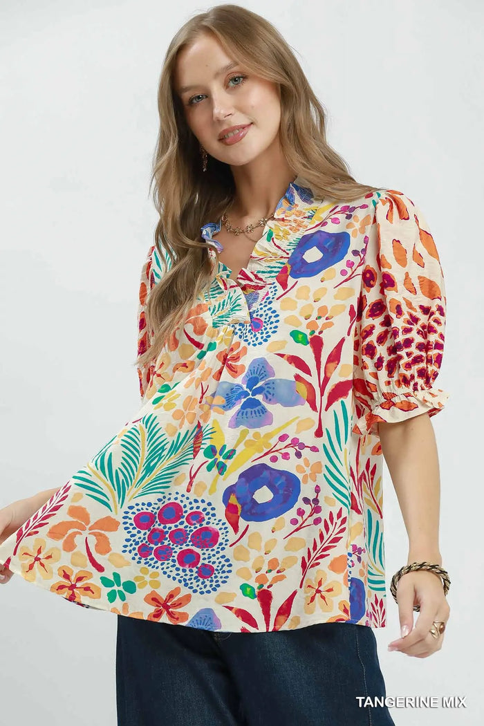 V-Neck Ruffle Trim Puff Sleeve Top