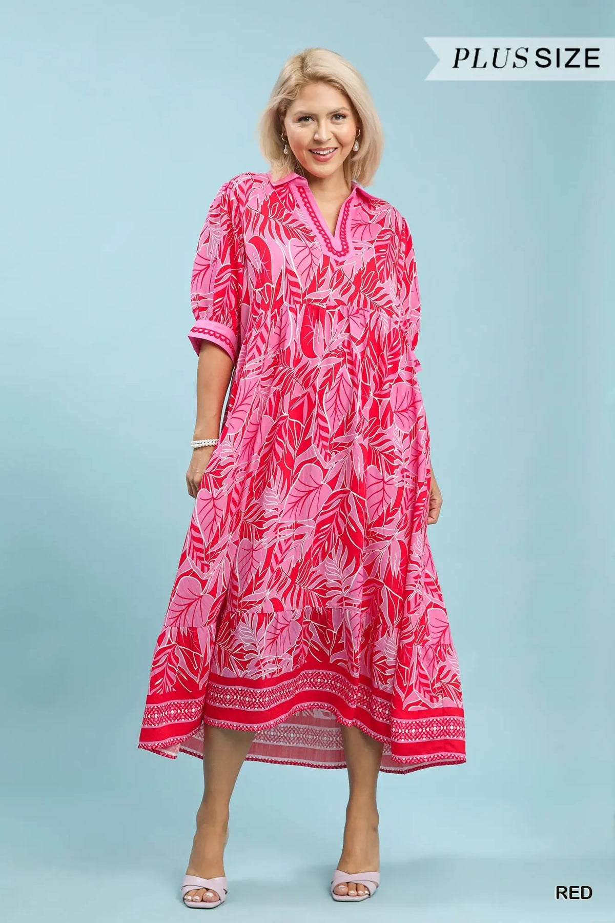 Leafy Border Print V-Neck Midi Dress