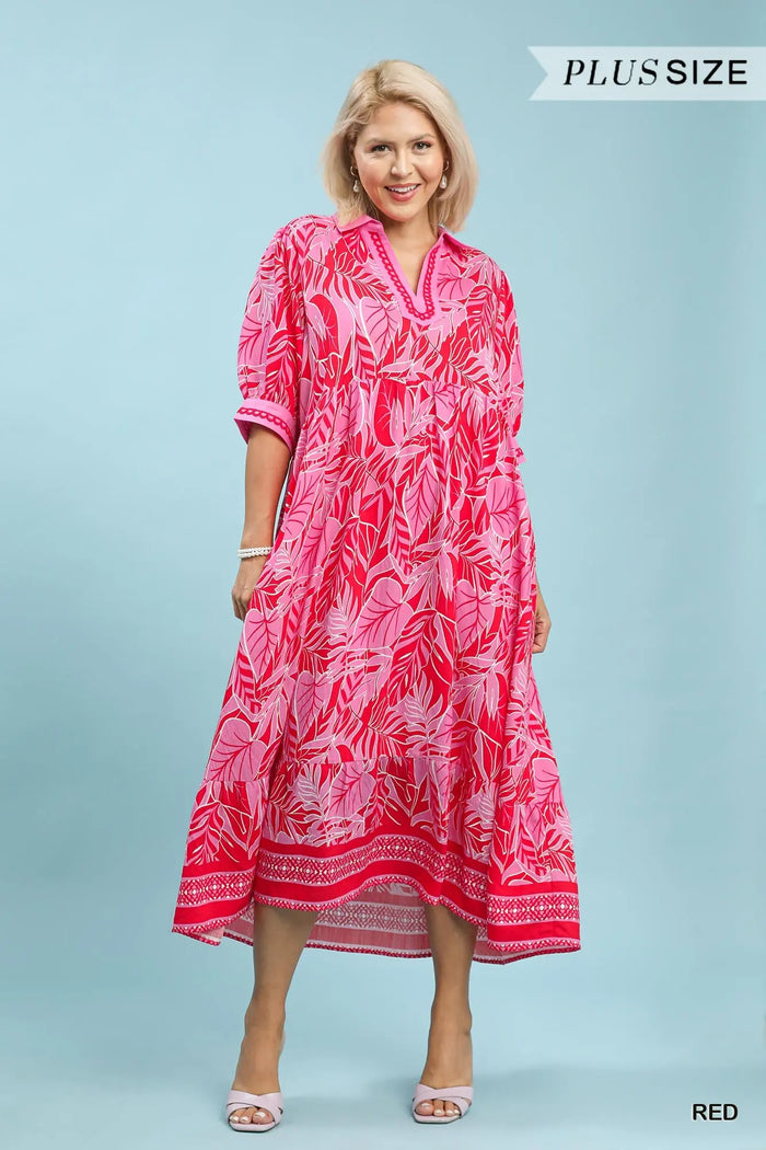 Leafy Border Print V-Neck Midi Dress