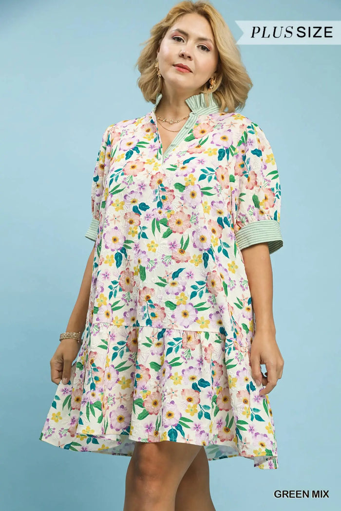Mix Floral Ruffle Collar Tiered Babydoll Dress