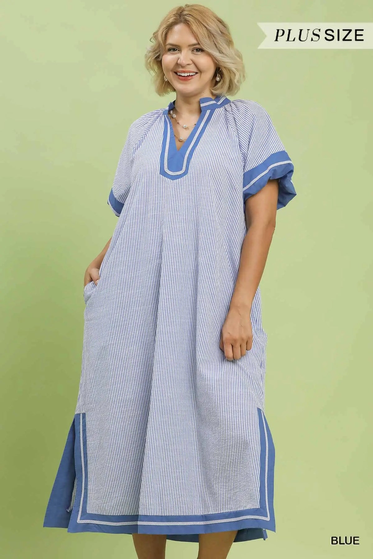 Pinstripe Contrast Trim Midi Dress