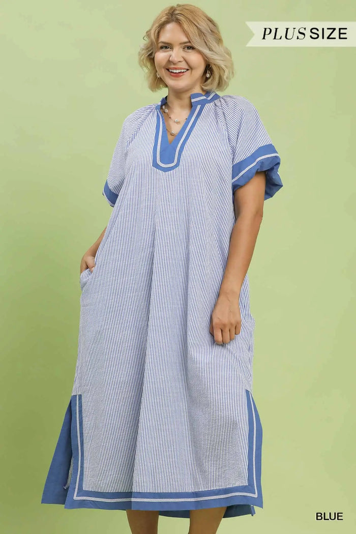 Pinstripe Contrast Trim Midi Dress