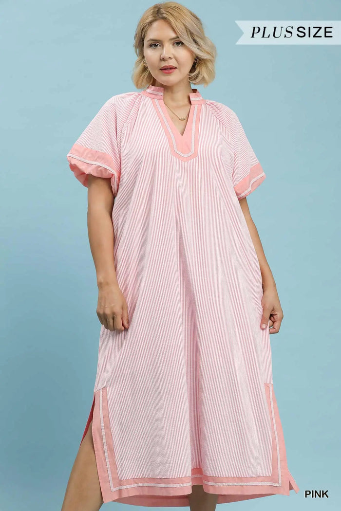 Pinstripe Contrast Trim Midi Dress