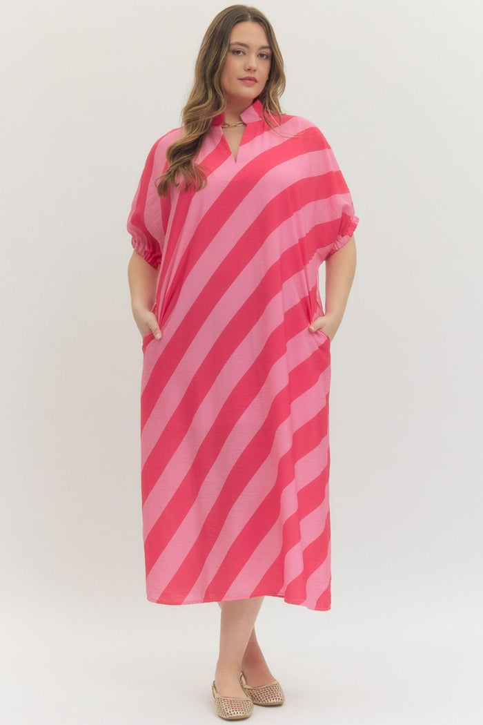 Solid diagonal stripe short dolman sleeve midi dress