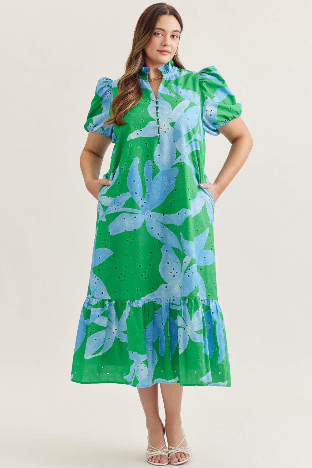 Botanical print short puff sleeve midi dress featuring eyelet embroidery
