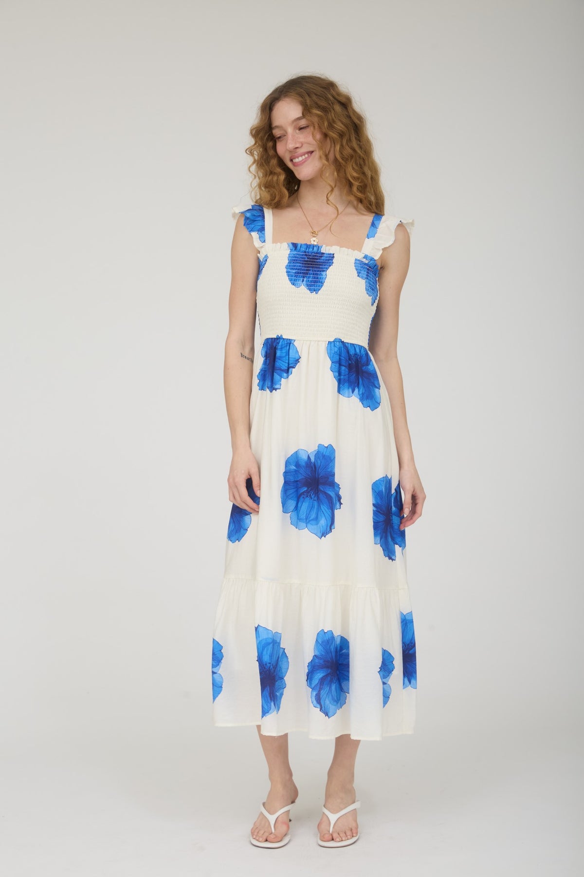 Anemone Floral Smocked Sleeveless Midi Dress