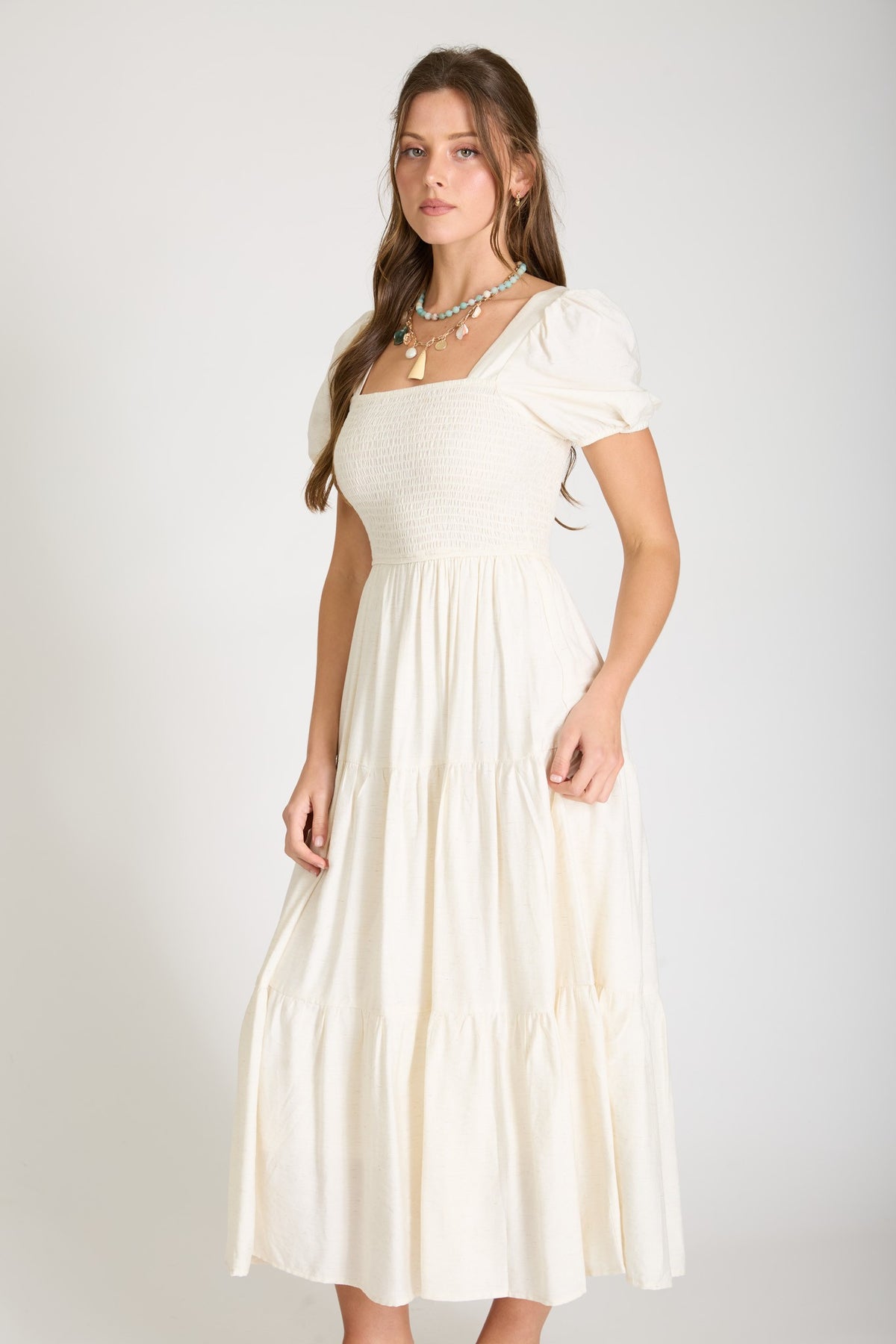Smocked Short Puff Sleeve Tiered Linen Midi Dress