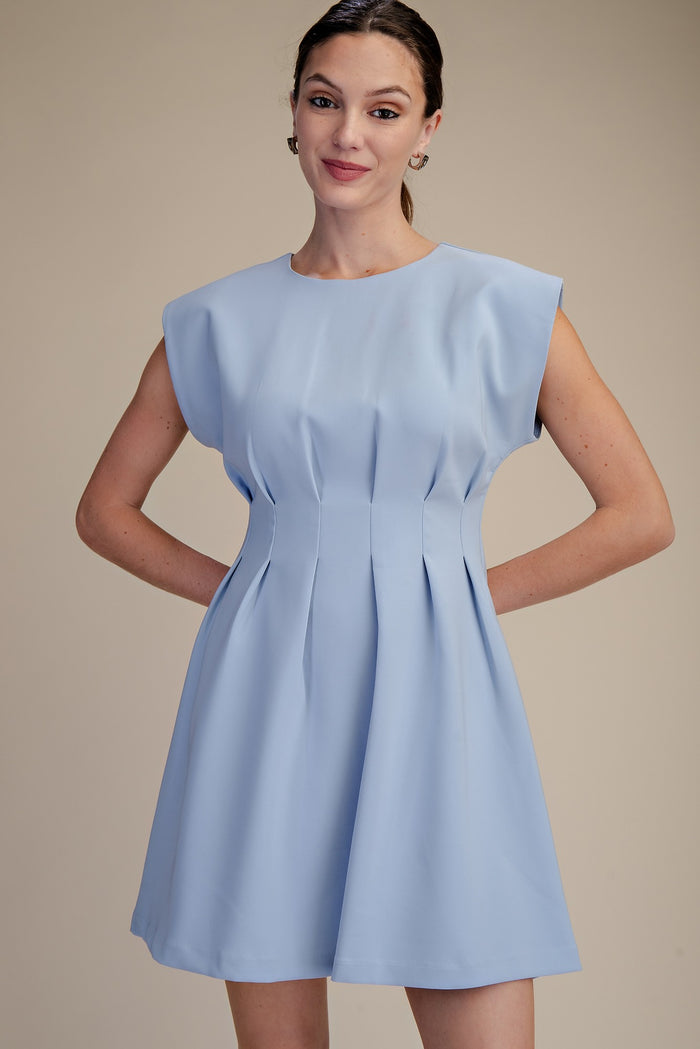 Round Neck Waist Pleated Midi Dress