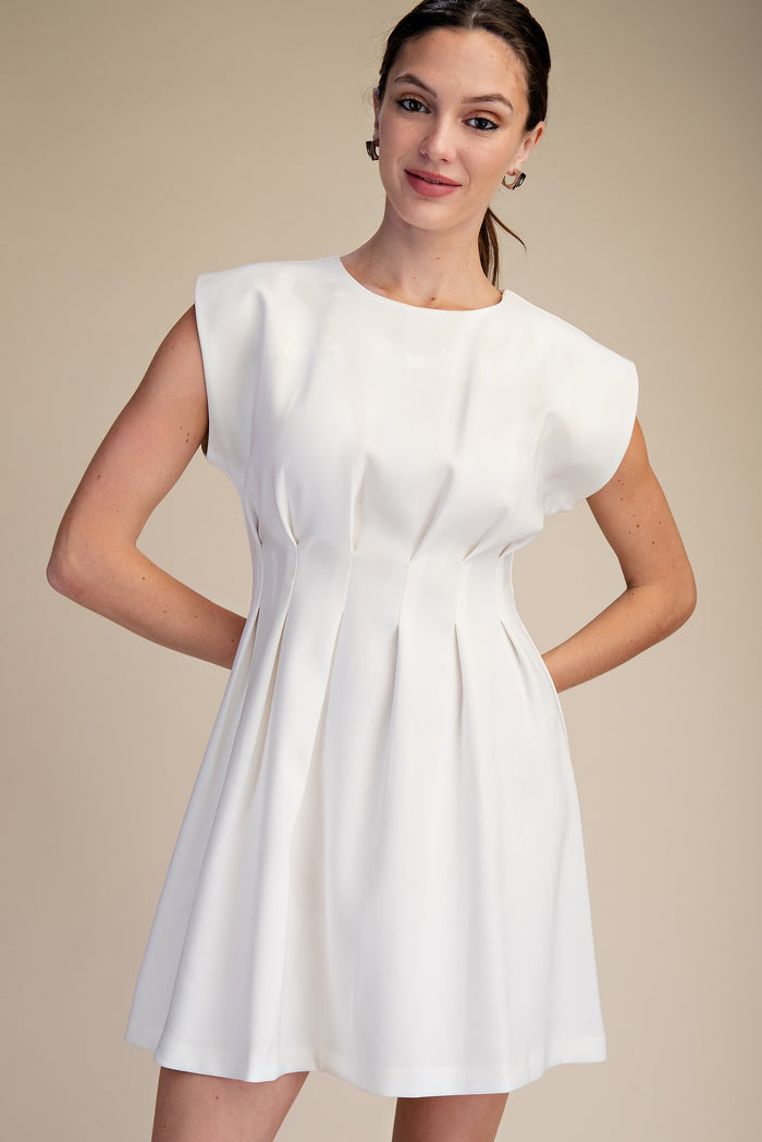 Round Neck Waist Pleated Midi Dress