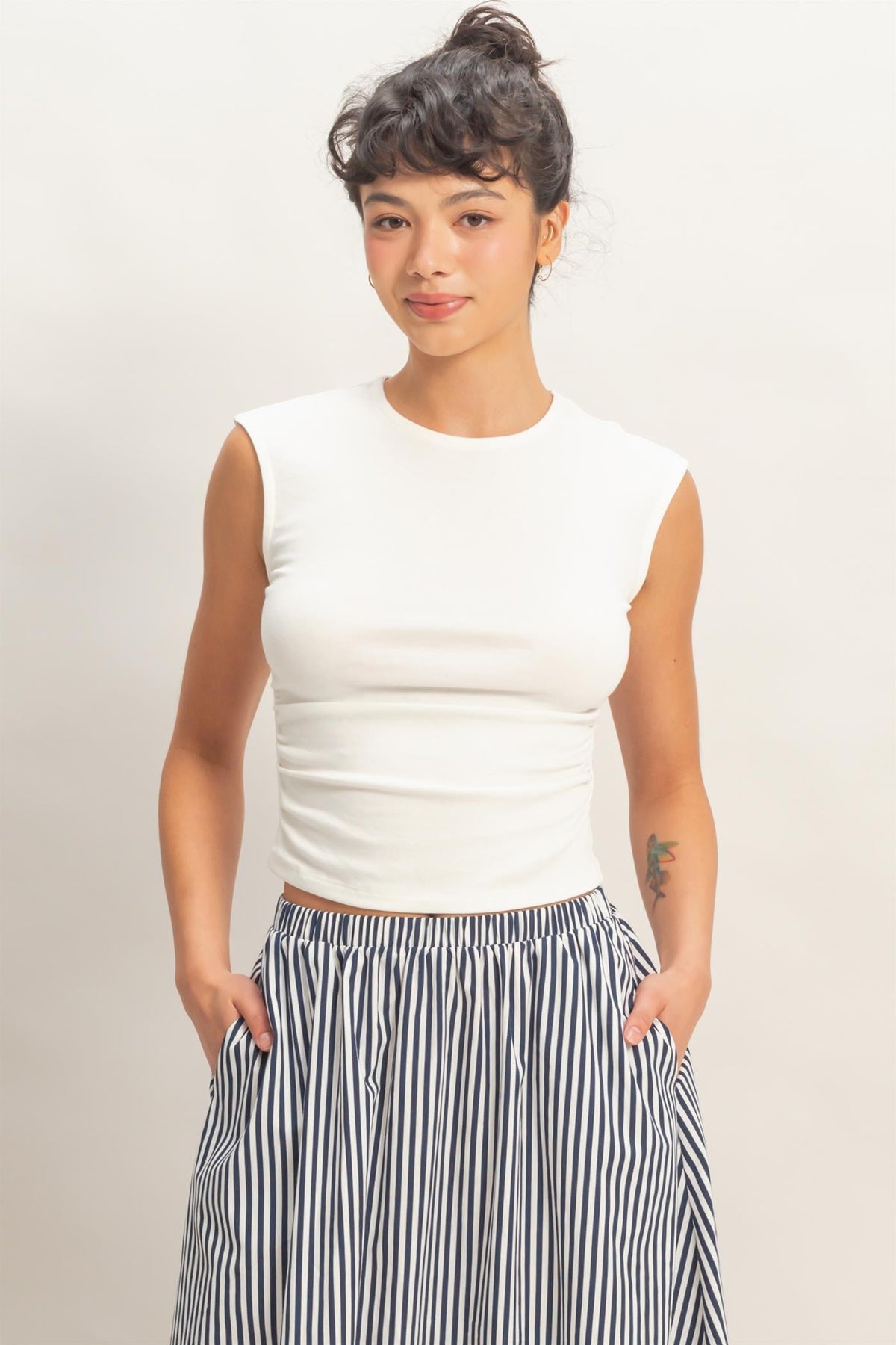 Ruched Waist Cap Sleeve Top