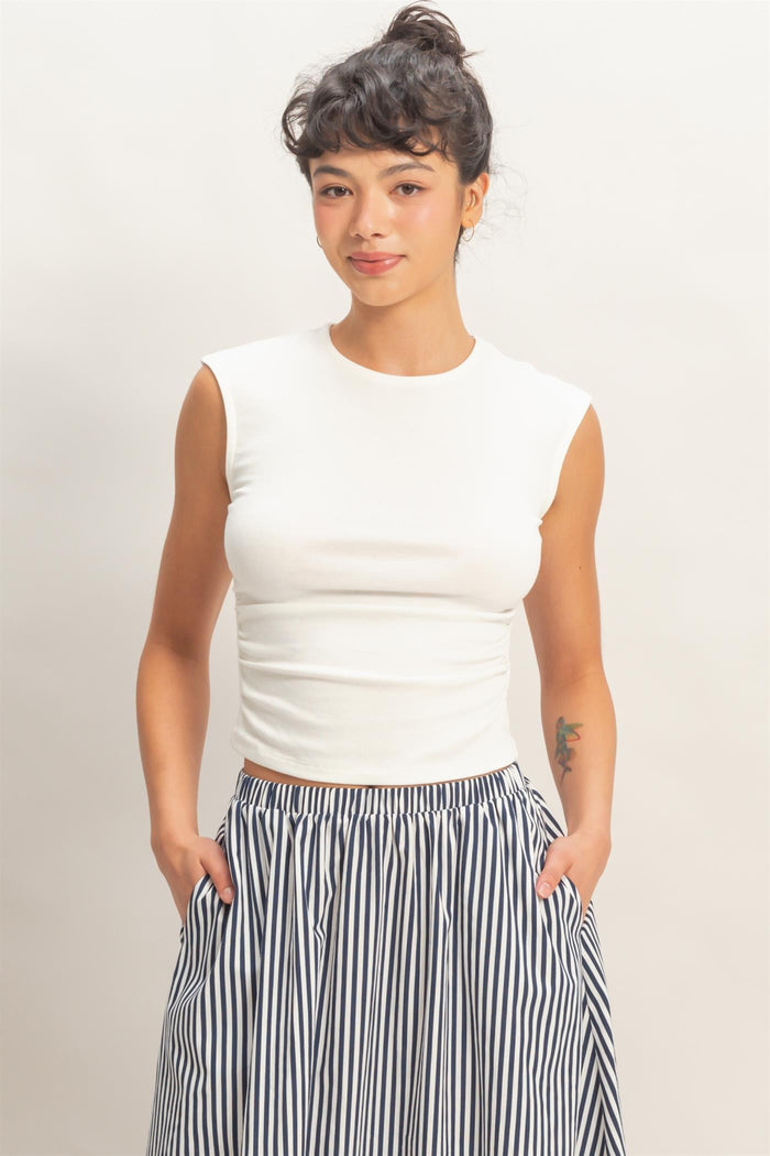 Ruched Waist Cap Sleeve Top