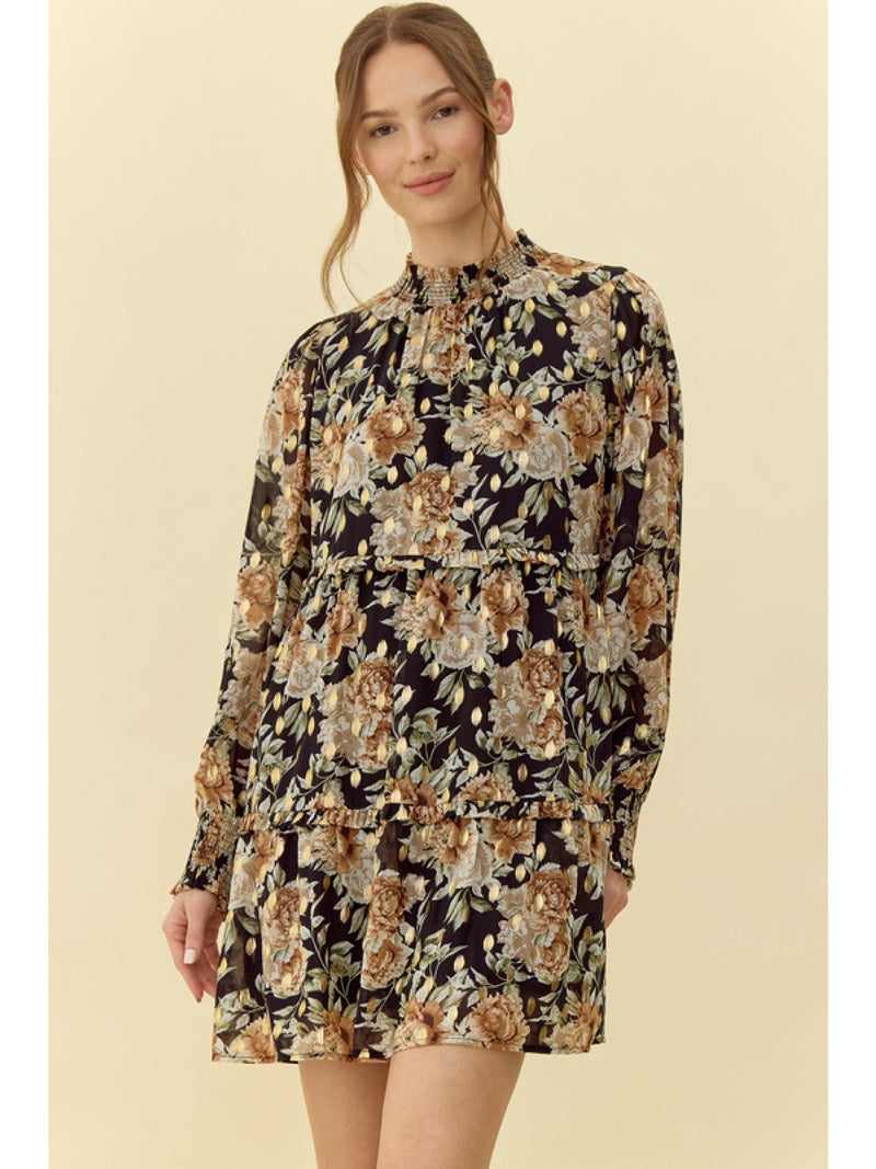 Floral print chiffon dress with smocked neck