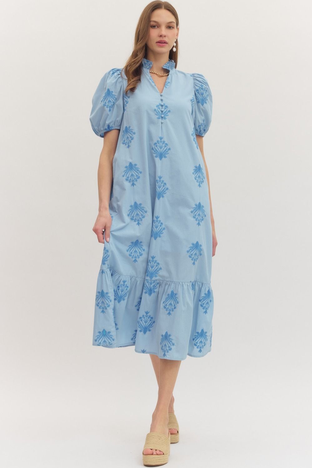 Botanical embroidery short puff sleeve midi dress