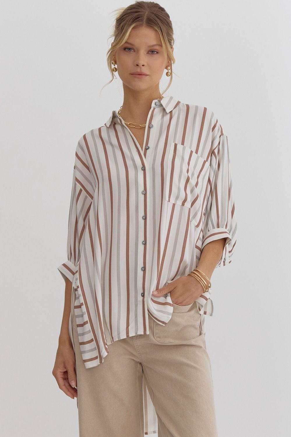 Stripe print button down collared half sleeve top