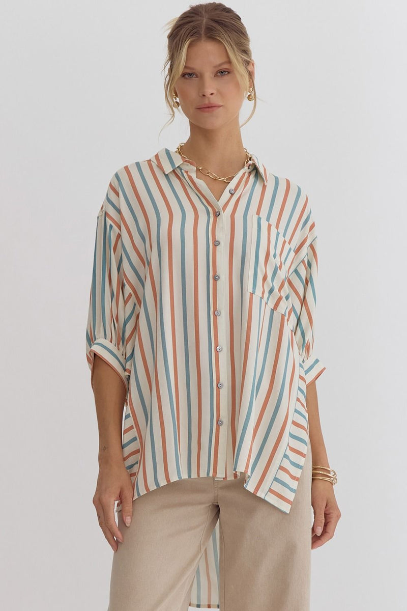 Stripe print button down collared half sleeve top